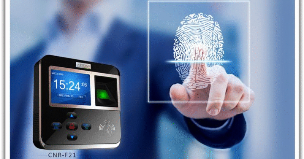 A person using a key card on a modern access control reader to unlock an office door