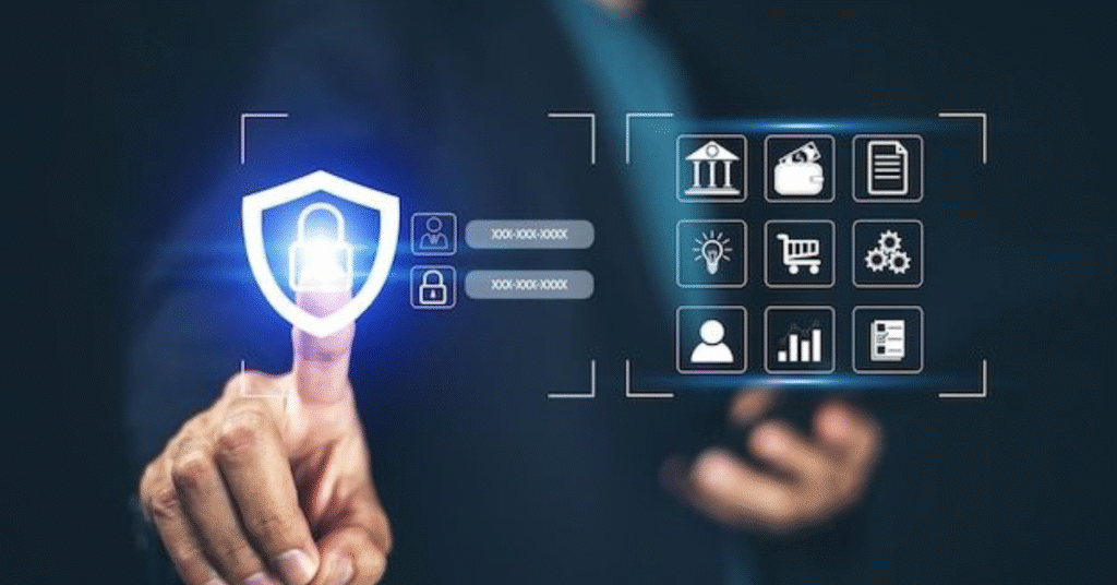 A person using a facial recognition scanner to enter a secure modern office.