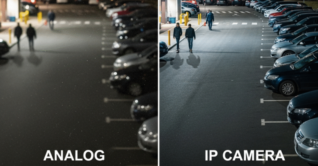 A comparison showing the clear image quality of an IP camera versus a blurry analog camera.